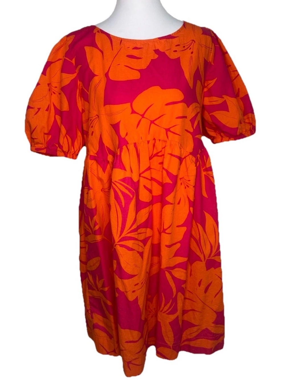 GB Girls Pink Orange Tropical Floral Puff Sleeve Dress Small